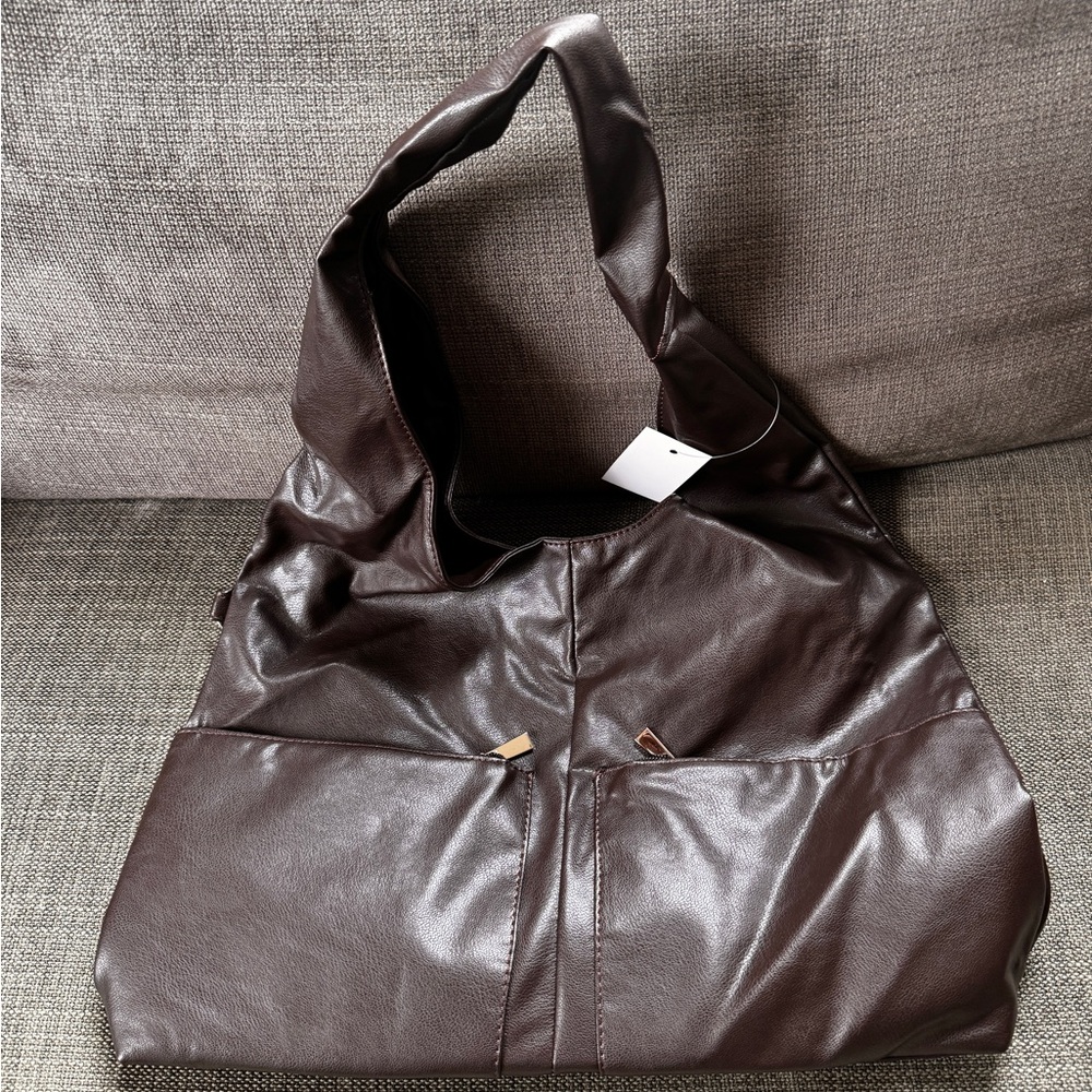 Brown Faux Leather Tote Bag